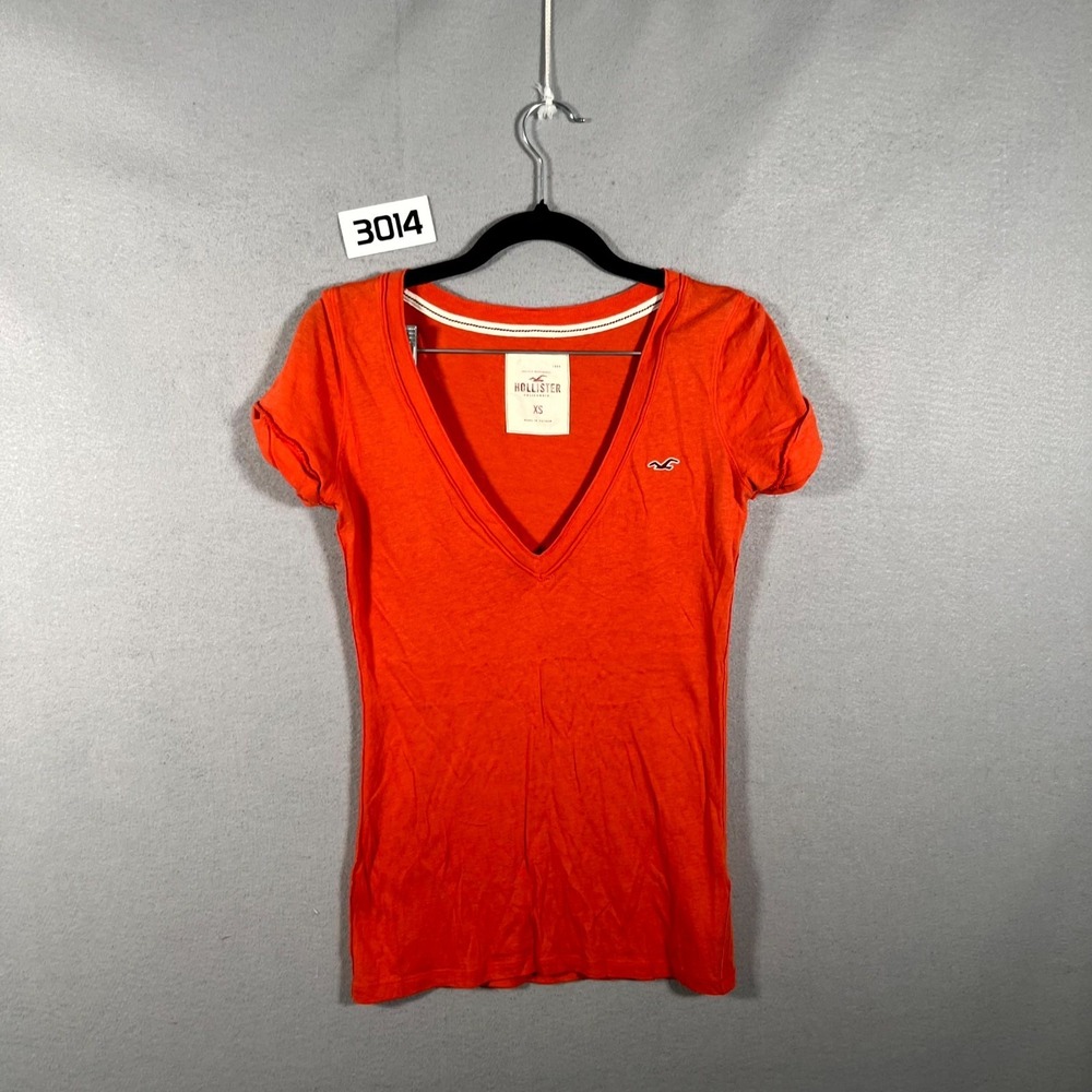 Hollister T Shirt Womens XS Orange Cotton V Neck Short Sleeve Seagull Logo